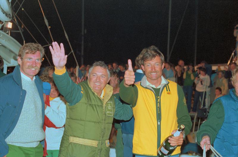 Alan Bond and John Bertrand of Australia, wave and give `thumbs-up` sign after defeating the United States in the 1983 America's Cup  photo copyright Bettmann Archive taken at New York Yacht Club and featuring the 12m class