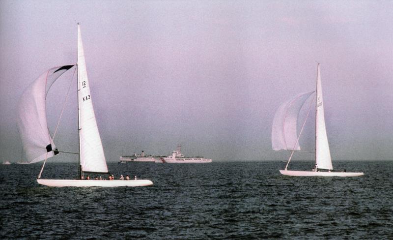 Gretel II creeps past Intrepid on the fifth leg of the 1970 America's Cup to take the lead and win on the water - only to be DSQ'd in a later protest hearing over a startline incident photo copyright Paul Darling taken at New York Yacht Club and featuring the 12m class
