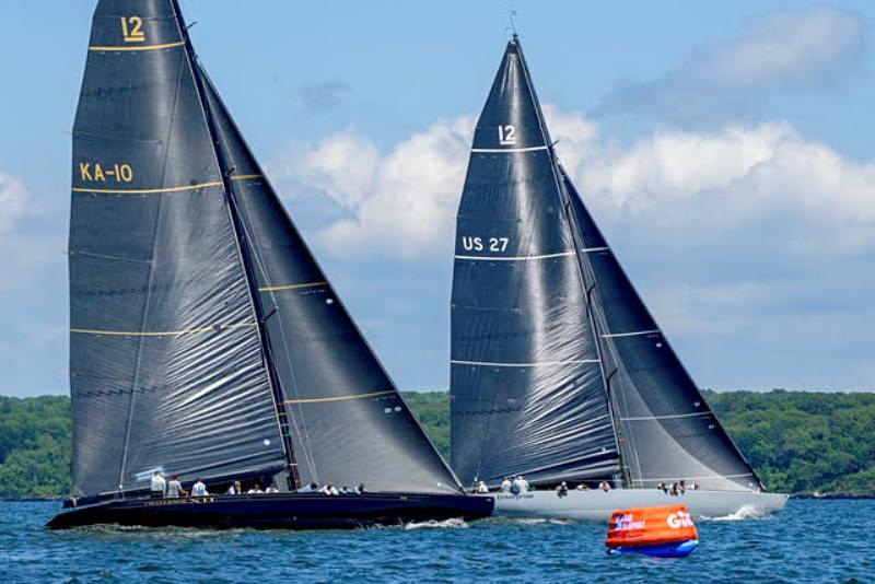 Challenge XII (left) and Enterprise at the 12 Metre Pre-Worlds sailed as part of Sail Newport's Newport Regatta. Both will compete in the 12 Metre World Championship later this month photo copyright Miste Photography / Michelle Almeida taken at Ida Lewis Yacht Club and featuring the 12m class