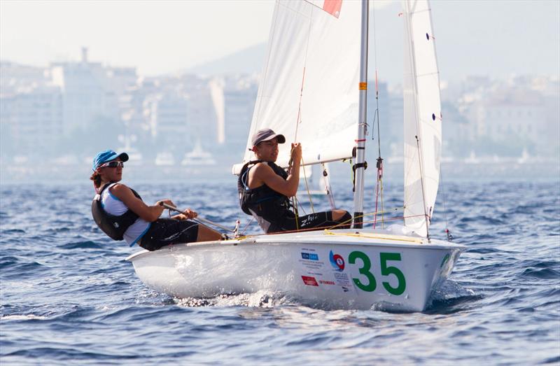 Demetrio SPOSATO and Gabriele CENTRONE (ITA) lead the U17 fleet on day 1 of the 420 Open European Championships in Athens - photo © Nikos Alevromytis / AleN