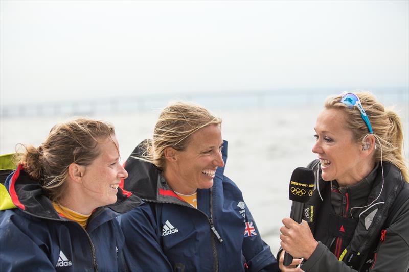 Shirley Robertson interviews Team GBR's Hannah Mills (left) and Saskia Clark (center) - photo © Image courtesy of the Shirley Robertson Collection