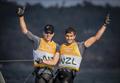 Peter Burling (L) and Blair Tuke (R)  celebrate winning Gold Medal in the Men's 49er Sailing, Rio2016 Olympic Games at Guanabara Bay, Rio de Janeiro © Sailing Energy