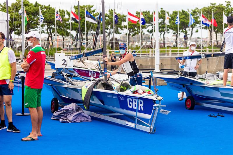 Waiting in the boat park ahead of the 49er Medal Races at the Tokyo 2020 Olympic Sailing Competition - photo © Sailing Energy / World Sailing