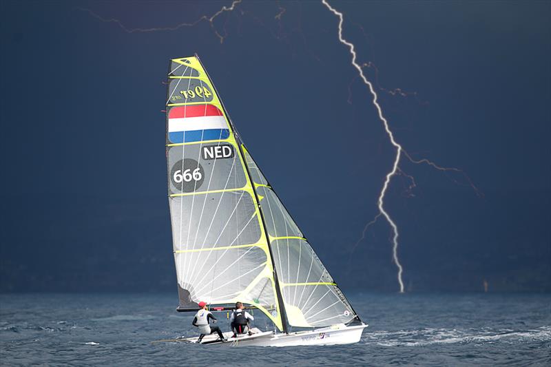 Lightning on the final day of the 2013 SEIKO 49er & 49erFX World Championships photo copyright Pierick Jeannoutot / www.pierik.fr taken at Yachting Club De La Pointe Rouge and featuring the 49er class