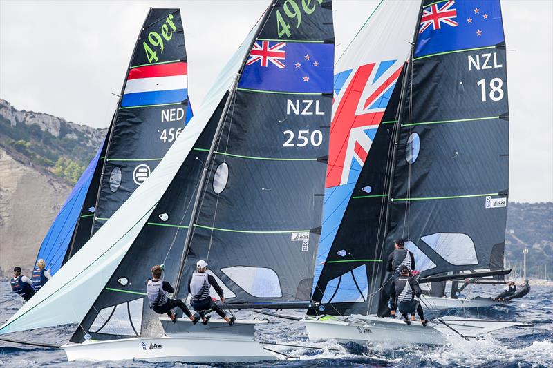 Isaac McHardie, William McKenzie (NZL18), George Lee Rush Seb Menzies (NZL 250)  - 49er World Championships - Sardinia - October 2025 - photo © Sailing Energy