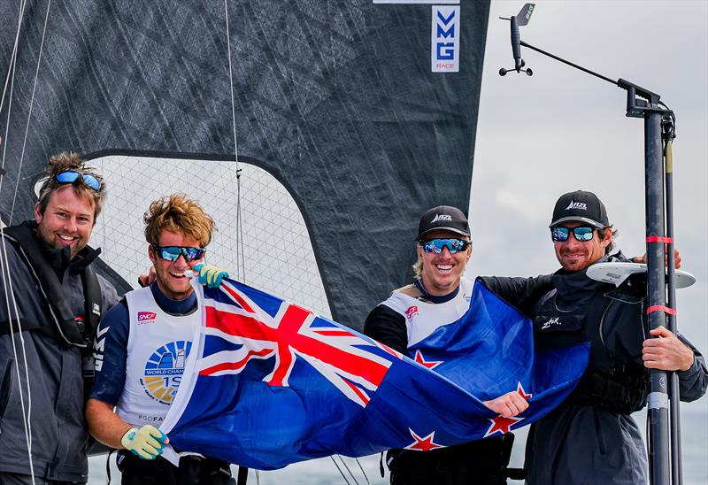 Seb Menzies/George Lee Rush (NZL) with coaches Matt Steven (left) and Logan Dunning beck (right) - 2026 49er Worlds at Quiberon - Day 6 - May 17, 2026 - photo © Sailing Energy