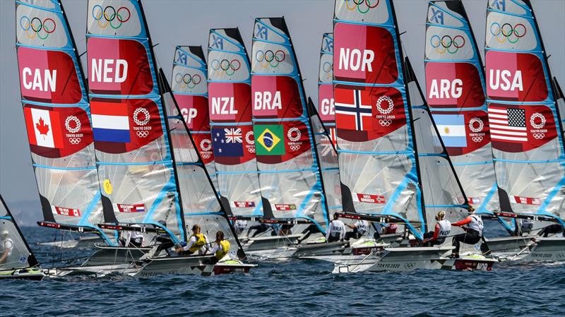 Start of Womens 49erFX race - Tokyo2020 - Day 7- July, 31, - Enoshima, Japan photo copyright Richard Gladwell - Sail-World.com/nz taken at  and featuring the 49er FX class