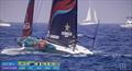 © America's Cup Media Emirates Team NZ comes off its fails exiting a gybe as USA approaches fast - America's Cup Preliminary Regatta - Day 3 - Vilanova - September 17, 2023 © America's Cup Media