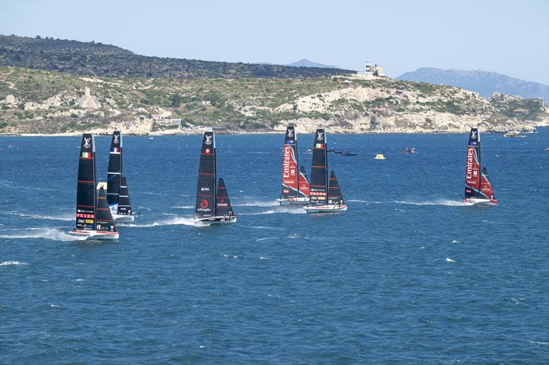 Emirates Team NZ does a port tack start - Race 2 - Day 1 - Louis Vuitton 38th America's Cup - Preliminary Regatta Sardinia - May 22, 2026 - photo © Ricardo Pinto
