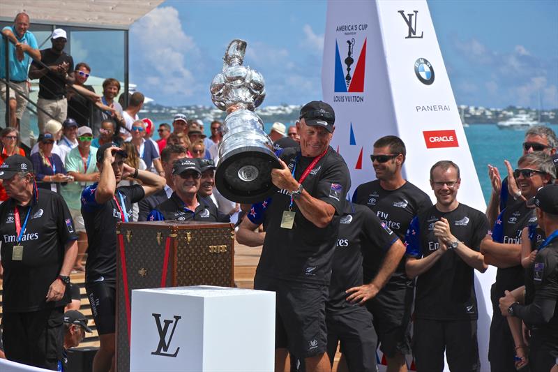 Grant Dalton holds the America's Cup for the first time after ETNZ's win in Bermuda photo copyright Richard Gladwell taken at Royal New Zealand Yacht Squadron and featuring the AC50 class