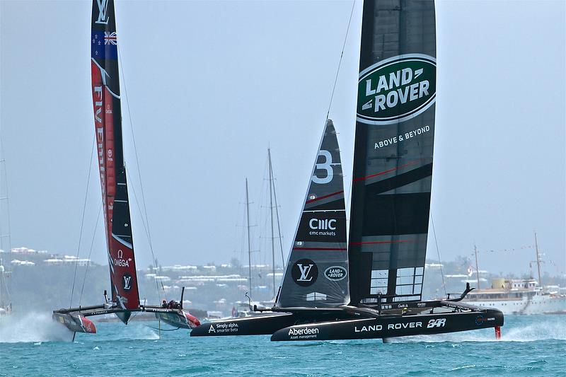 Land Rover BAR leads Emirates Team New on Leg 4 - Race 6 - Semi-Finals, America's Cup Playoffs- Day 12, June 8, 2017 (ADT) photo copyright Richard Gladwell taken at  and featuring the AC50 class