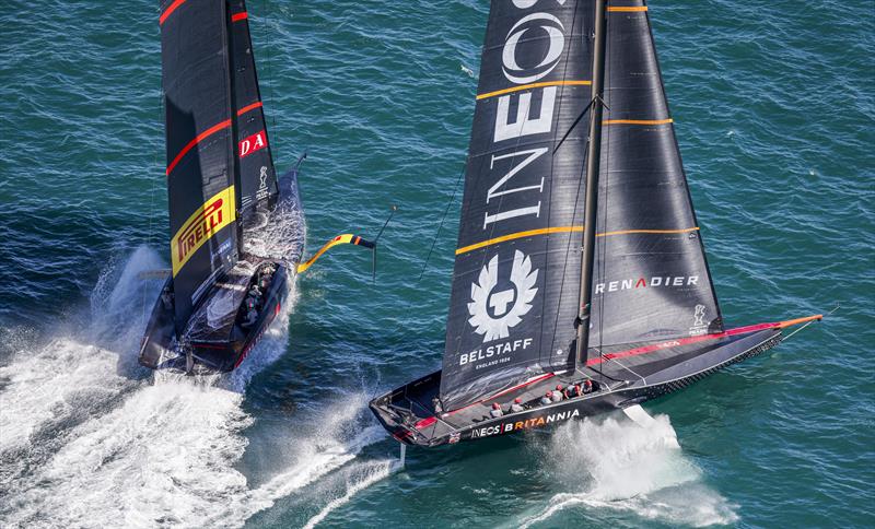 Prada Cup Final Day 3: Ineos Team UK and Luna Rossa Prada Pirelli lock horns on the start line photo copyright COR36 / Studio Borlenghi taken at  and featuring the AC75 class