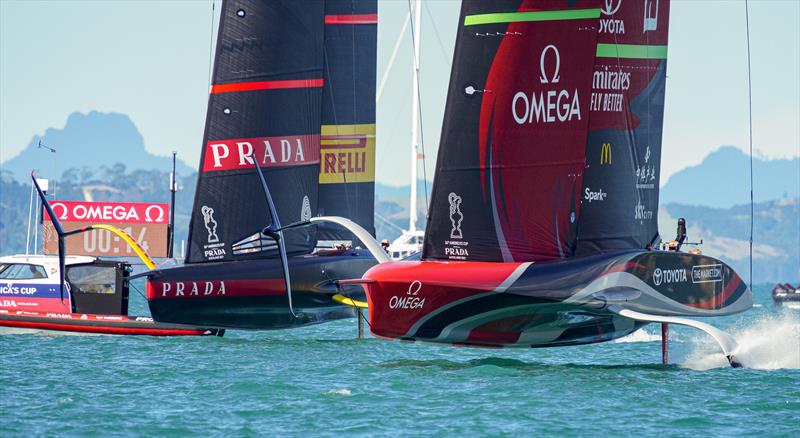 America's Cup match day 2 - Luna Rossa Prada Pirelli and Emirates Team New Zealand start photo copyright ACE / Studio Borlenghi taken at Royal New Zealand Yacht Squadron and featuring the AC75 class
