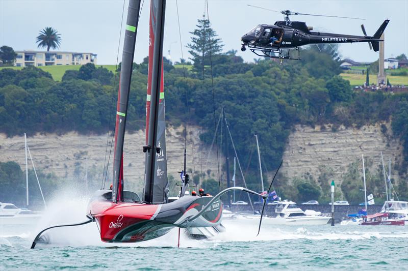 America's Cup match day 6 - helicopter following the action photo copyright ACE / Studio Borlenghi taken at Royal New Zealand Yacht Squadron and featuring the AC75 class