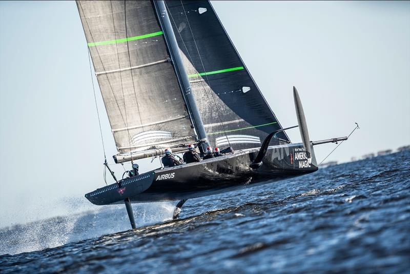 The Mule, American Magic's 38-foot test boat, sailing in Pensacola, Florida - photo © American Magic