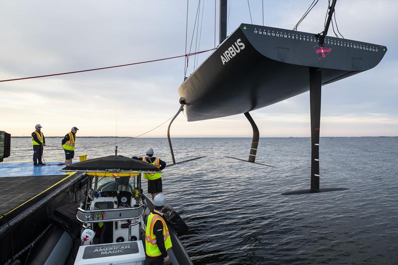 American Magic's 38ft test boat designed to be a half-scale AC75 shows the two foil arms in the lowered position and rudder aileron. When foiling the AC75 will balance on just one foil and the aileron photo copyright Amory Ross taken at New York Yacht Club and featuring the AC75 class