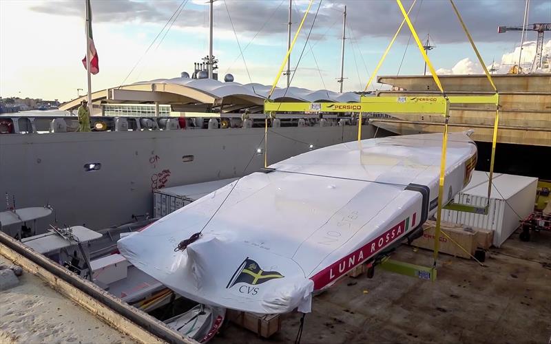 Luna Rossa Prada Pirelli's AC75 is loaded aboard a cargo ship, along with support boats - September 9, 2020 - Cagliari  photo copyright Luna Rossa Prada Pirelli Media taken at Circolo della Vela Sicilia and featuring the AC75 class