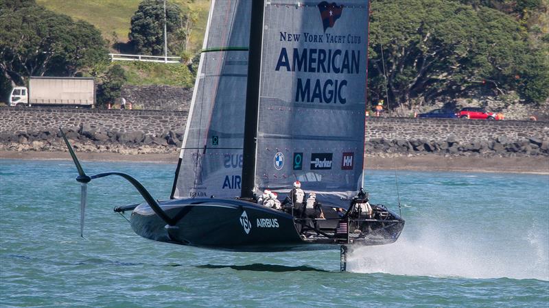 American Magic about to get a traffic ticket for speeding along Tamaki Drive - Stadium Course - Waitemata Harbour - September 21, 2020 photo copyright Richard Gladwell / Sail-World.com taken at Royal New Zealand Yacht Squadron and featuring the AC75 class