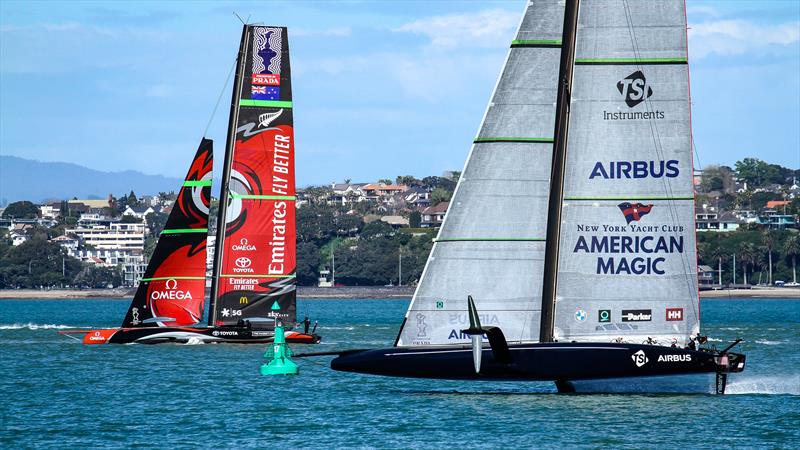 Emirates Team New Zealand and American Magic - Stadium Course - Waitemata Harbour - September 21, 2020 photo copyright Richard Gladwell / Sail-World.com taken at Royal New Zealand Yacht Squadron and featuring the AC75 class