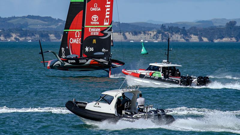 Emirates Team New Zealand with the Luna Rossa recon team in the foreground - Stadium Course - Waitemata Harbour - September 21, 2020 photo copyright Richard Gladwell / Sail-World.com taken at Royal New Zealand Yacht Squadron and featuring the AC75 class