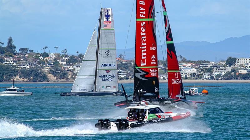 Emirates Team New Zealand and American Magic - Stadium Course - Waitemata Harbour - September 21, 2020 photo copyright Richard Gladwell / Sail-World.com taken at Royal New Zealand Yacht Squadron and featuring the AC75 class