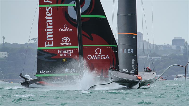 INEOS Team UK crosses ahead of Te Rehutai - Emirates Team New Zealand - America's Cup World Series - Day 2 - Waitemata Harbour - December 18, 2020 - 36th Americas Cup presented by Prada - photo © Richard Gladwell / Sail-World.com