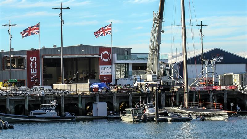 The Union Jack flies high mid-evening at the INEOS Team UK - Prada Cup Finals - Day 4 - February 21, 2021 - America's Cup 36 photo copyright Richard Gladwell / Sail-World.com taken at Royal New Zealand Yacht Squadron and featuring the AC75 class