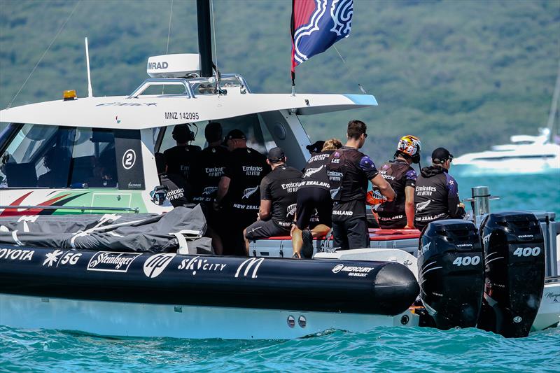 Emirates Team New Zealand- standing room only on the chase boat on a training session - with crew and engineers - February, 21, - America's Cup 36 photo copyright Richard Gladwell / Sail-World.com / nz taken at Royal New Zealand Yacht Squadron and featuring the AC75 class