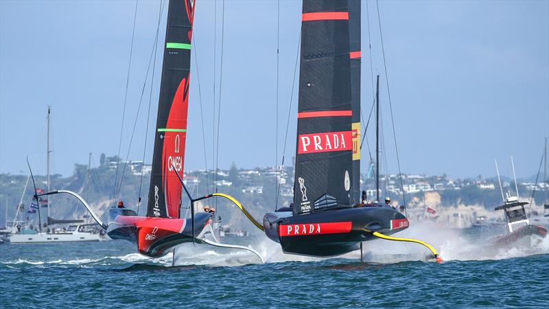 Emirates Team NZ and Luna Rossa line up for the start - America's Cup - Day 7 - March 17, 2021 , Course A photo copyright Richard Gladwell / Sail-World.com taken at Royal New Zealand Yacht Squadron and featuring the AC75 class