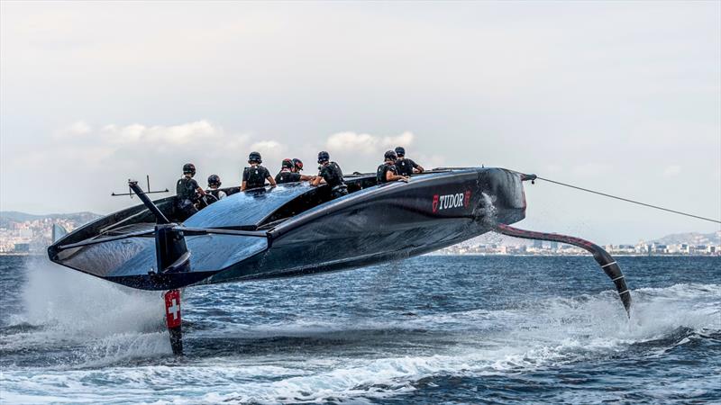 Alinghi Red Bull Racing - lifts out on tow test ahead of first sailing day - August 2022 - Barcelona - photo © Alinghi RBR