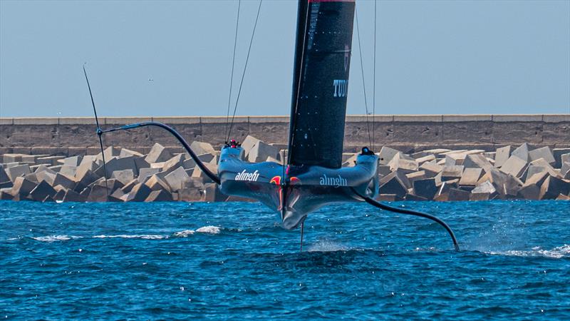 The tail-plane is tucked behind the topside and not visible in this image - Alinghi Red Bull Racing- AC75 - Day 6 - April 24, 2024 - Barcelona photo copyright Ugo Fonolla / America's Cup taken at Société Nautique de Genève and featuring the AC75 class