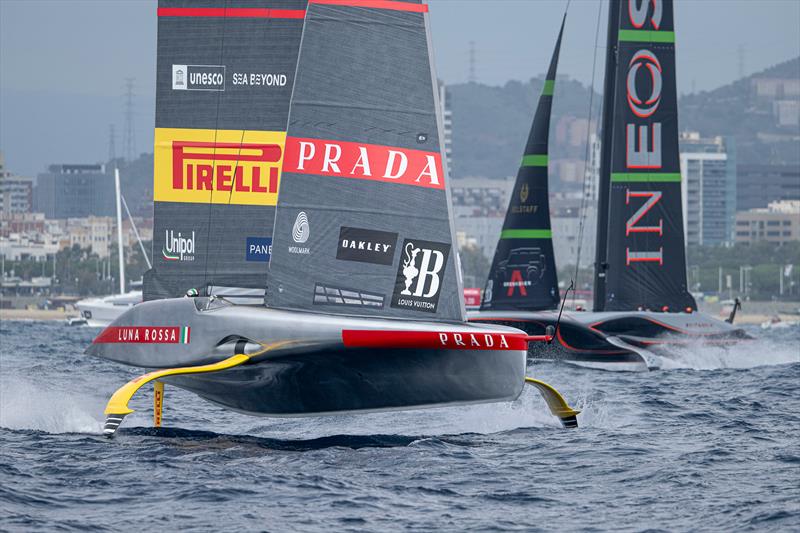 Luna Rossa leads the INEOS Britannia in the Louis Vuitton Cup Final - Race day 6 - October 2, 2024 - Barceloan photo copyright Ricardo Pinto / America's Cup taken at Circolo della Vela Sicilia and featuring the AC75 class