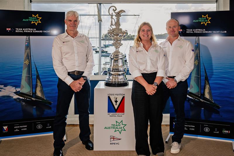 Grant Simmer OAM, Tash Bryant, and Glenn Ashby at the launch of Team Australia, who despite being a late entry, have a boat, and will compete in the 38th America's Cup in Naples - photo © Team Australia