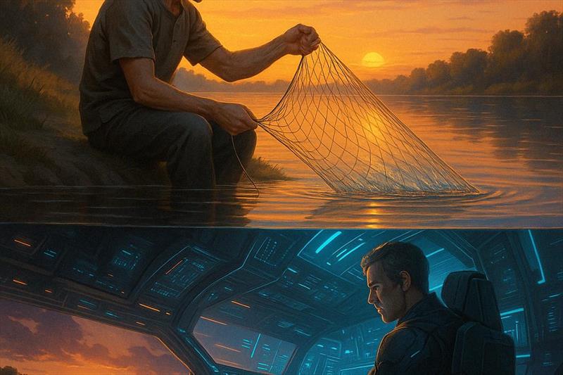 Two worlds, one gesture. On the riverbank, Marcel tends his net. Beneath the surface, in another reality, he tends to the Charybdis photo copyright Pierre-Jean Cottalorda taken at Cercle de la Voile de Paris and featuring the ACC class