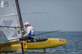The only woman in the fleet, Katrin Brunner GER, is a long time regular on the international circuit - A-Class Cat European Championships at Riccione Day 5 © Gordon Upton / www.guppypix.com