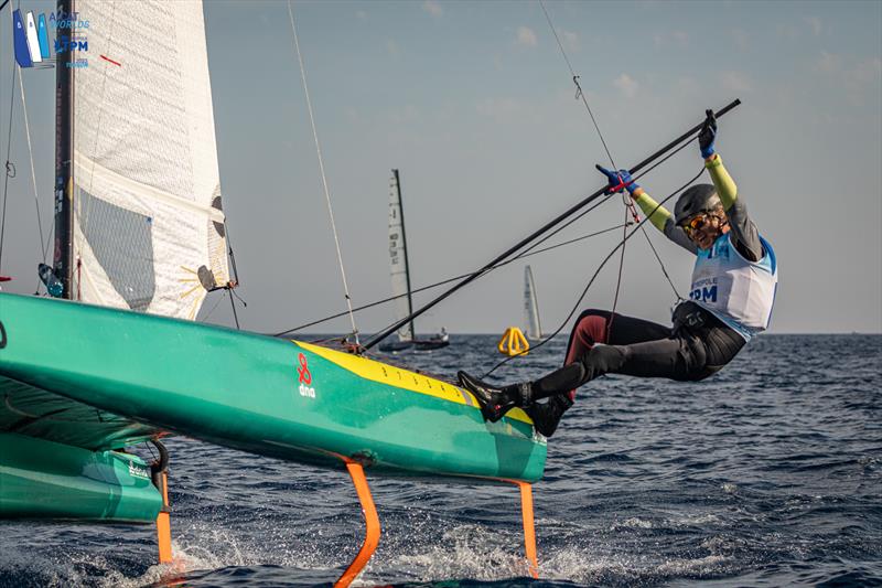 A-Cat Worlds at Toulon, France Day 3 - A happy Dutchman! PJ Dwarshuis enjoys his 'unexpected bullet' in the first race - photo © Gordon Upton / www.guppypix.com