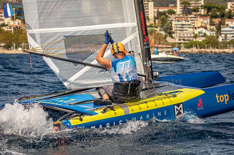 A-Cat Worlds at Toulon, France Day 6 - Misha Heemskerk applauds Kuba's victory in a hard fought final race - photo © Gordon Upton / www.guppypix.com