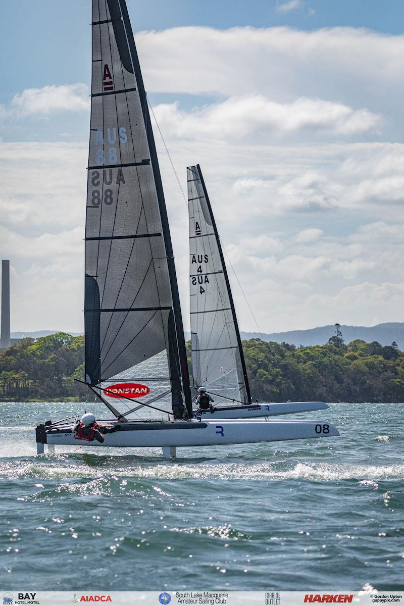 Australian A-Cat Nationals on Lake Macquarie Day 3 - Two sailing legends, AUS 88 Darren Bundock and AUS 4 Stevie Brewin blast upwing after the start - photo © Gordon Upton / www.guppypix.com