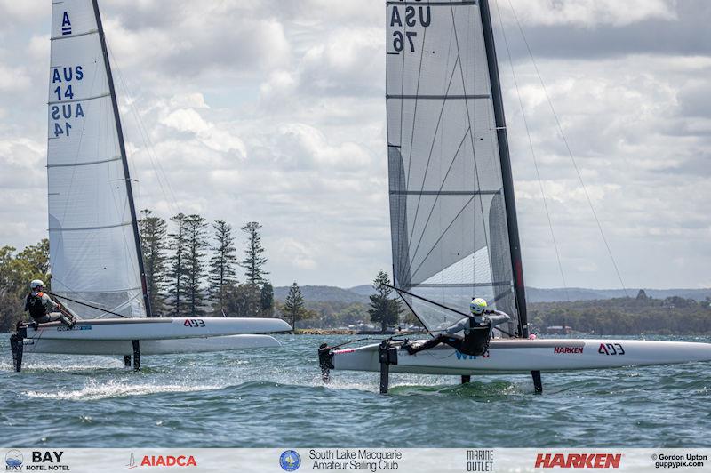 Australian A-Cat Nationals on Lake Macquarie Day 4 - Adam Beattie, AUS 14, and Ravi Parent, USA 76, race for the line at 31 kts - photo © Gordon Upton / www.guppypix.com