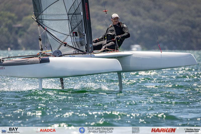 Australian A-Cat Nationals on Lake Macquarie Day 5 - Happy times for Hamish Sinclair - photo © Gordon Upton / www.guppypix.com