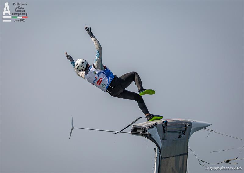 Kuba Surowiec celebrates becoming European Champion, to add to his 2nd World Championship from 2024 - A-Class Cat European Championships at Riccione Day 5 photo copyright Gordon Upton / www.guppypix.com taken at 151 Riccione  and featuring the A Class Catamaran class