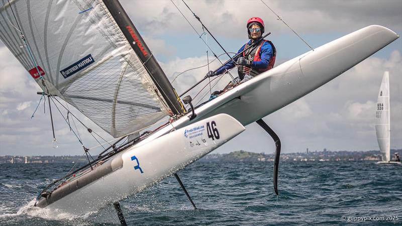 Joey Randell (AUS) - Day 1 - A-Class Catamaran World Championship - Milford - New Zealand - November 11, 2025 - photo © Gordon Upton / www.guppypix.com