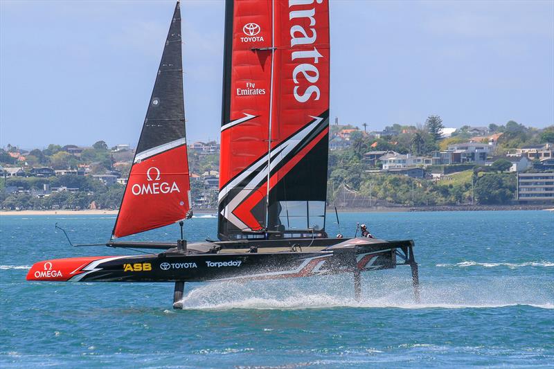 Although Emirates Team New Zealand was near last to launch their test boat (other teams were on their fourth) they were able to make a big jump by using the articulated rudder, and AC50  crossbeams to mimic the physics of an AC50 photo copyright Richard Gladwell taken at  and featuring the ACC class