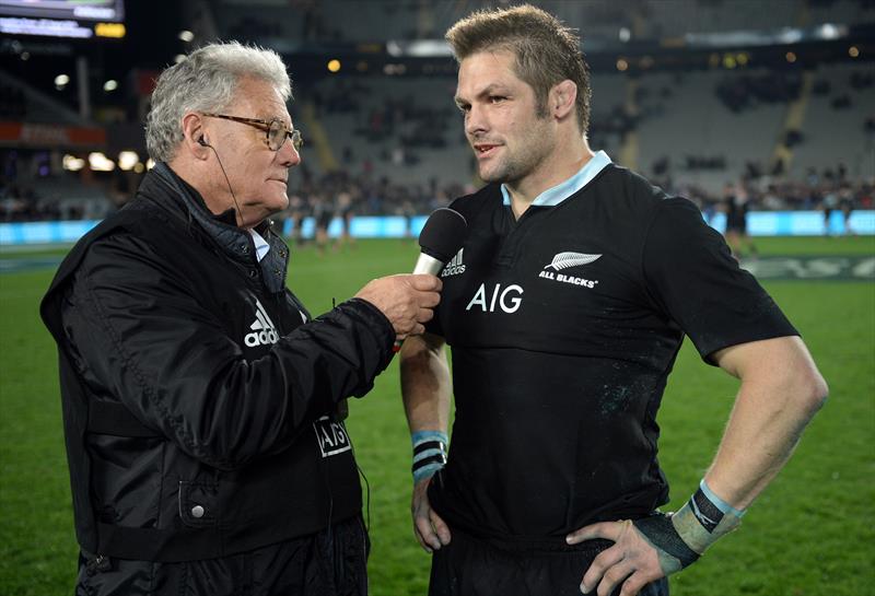 PJ Montgomery does his last sideline interview with All Black great Ritchie McCaw - August 2014 photo copyright Andrew Cornaga / www.Photosport.co.nz taken at Royal New Zealand Yacht Squadron and featuring the ACC class