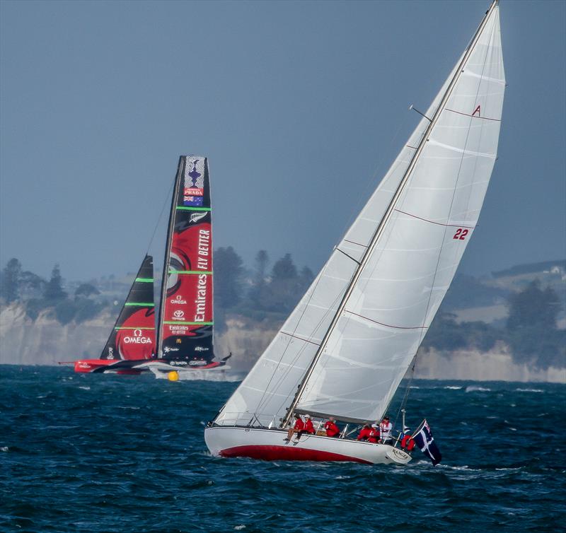 Ranger - A class champion from 1938 to 1967 is crossed by Te Rehutai - February 5, 2021 - Waitemata Harbour - photo © Richard Gladwell / Sail-World.com