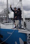 Dame Ellen MacArthur with George Paxford aboard Kalooki at Buckler's Hard © Tom Steventon