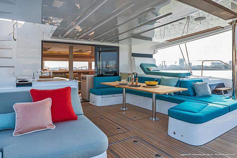Multiple lounge areas out aft on the Lagoon 55 - photo © Lagoon