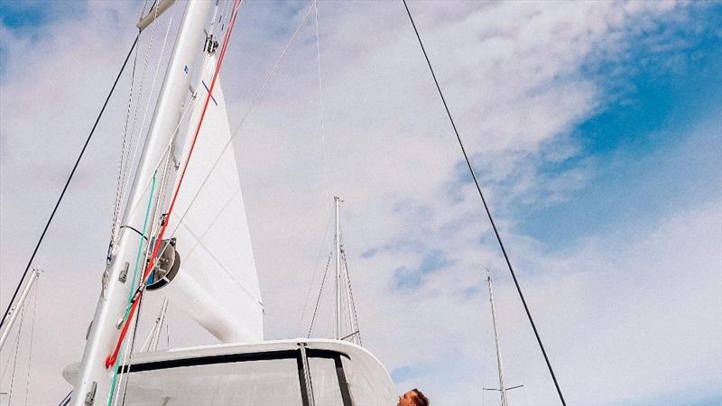 First production catamaran furling boom system photo copyright Lagoon Catamarans taken at  and featuring the Catamaran class