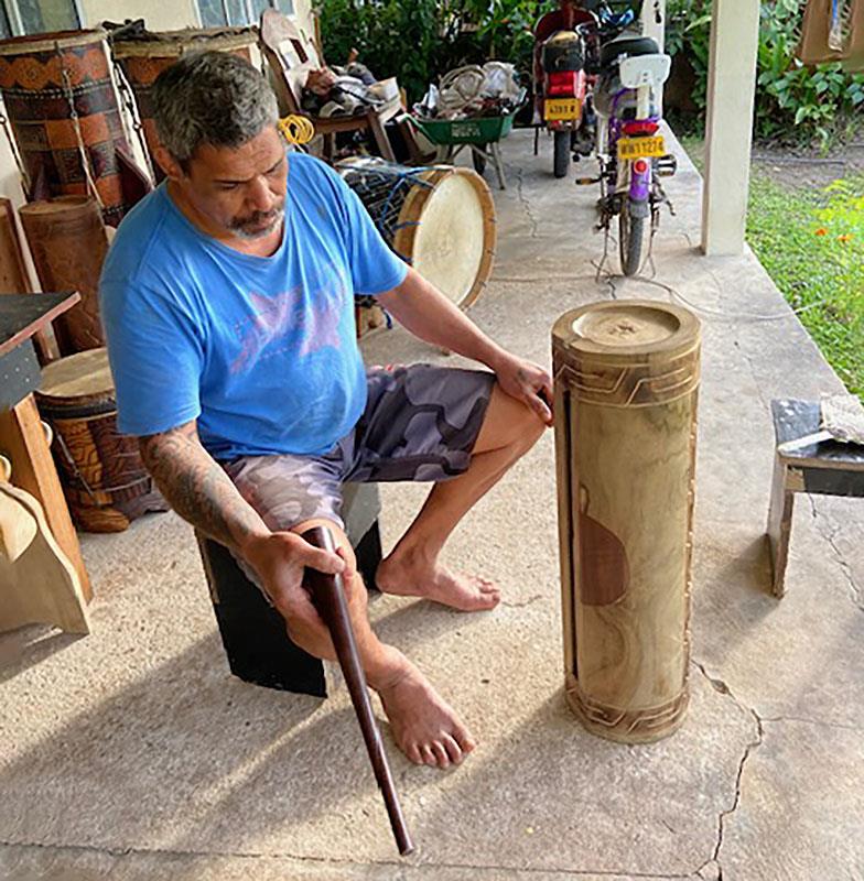 Raivavae - Amazing carving artwork, this was unfortunately pre-ordered by a Tahitian dealer. Few artists are still around, and it is not easy to find them. He also manufactures drums. And has drumming sessions with his mates regularly photo copyright Renate Klocke taken at  and featuring the Catamaran class