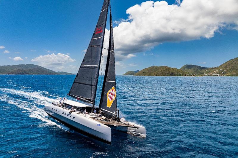 Adrian Keller's 84ft Irens-designed catamaran Allegra win the Nanny Cay Cup in the Round Tortola Race - 2024 BVI Spring Regatta and Sailing Festival photo copyright Alex Turnbull / Tidal Pulse Media taken at Royal BVI Yacht Club and featuring the Catamaran class